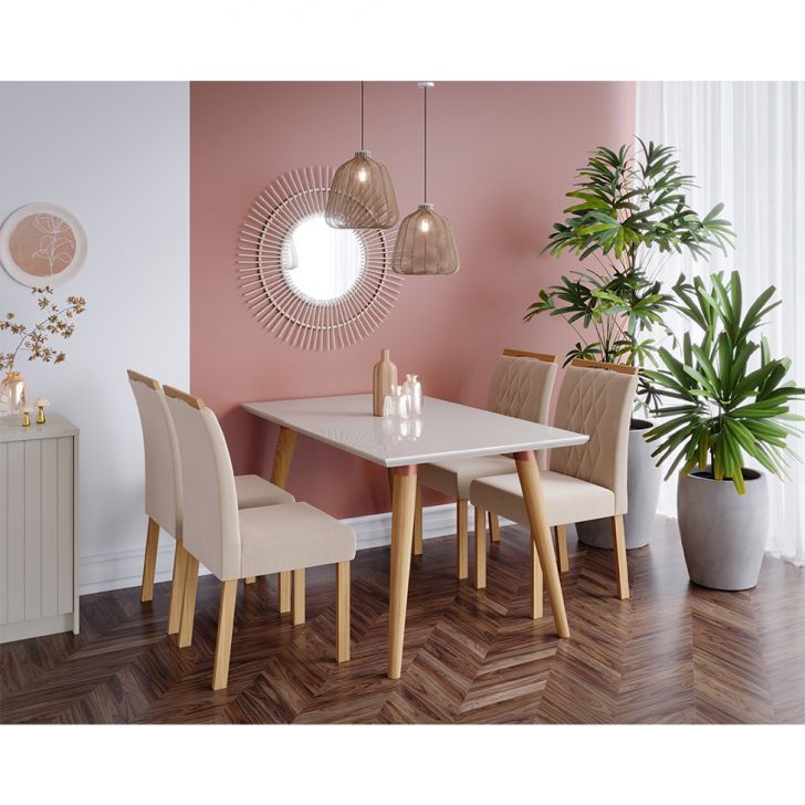 Conjunto De Mesa De Jantar Adele Com Tampo De Vidro Off White E 4 Cadeiras Estofadas Juliana Suede Nude E Madeira