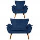 Kit Namoradeira e 01 Poltrona Opala Suede Azul Marinho Pés Palito Castanho D'Rossi