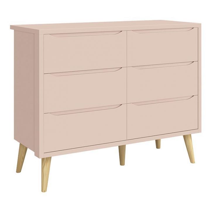 Cômoda Infantil Theo 6 Gavetas Rosa Fosco com Pés Madeira Natural - Reller Móveis