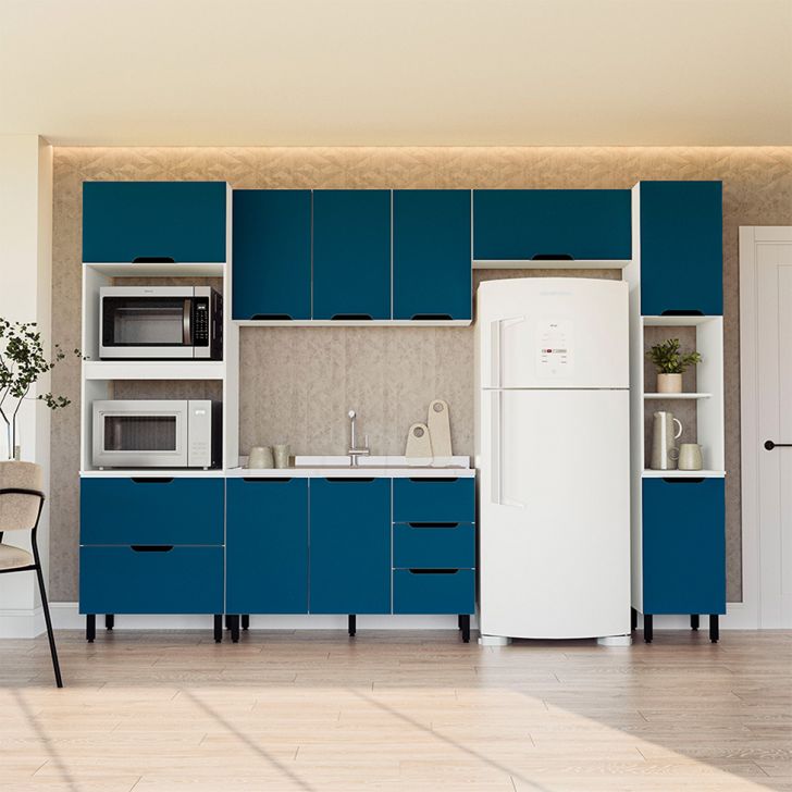 Cozinha Compacta Sem Tampo com Paneleiro Meena 10 Portas 4 Gavetas Azul e Branca