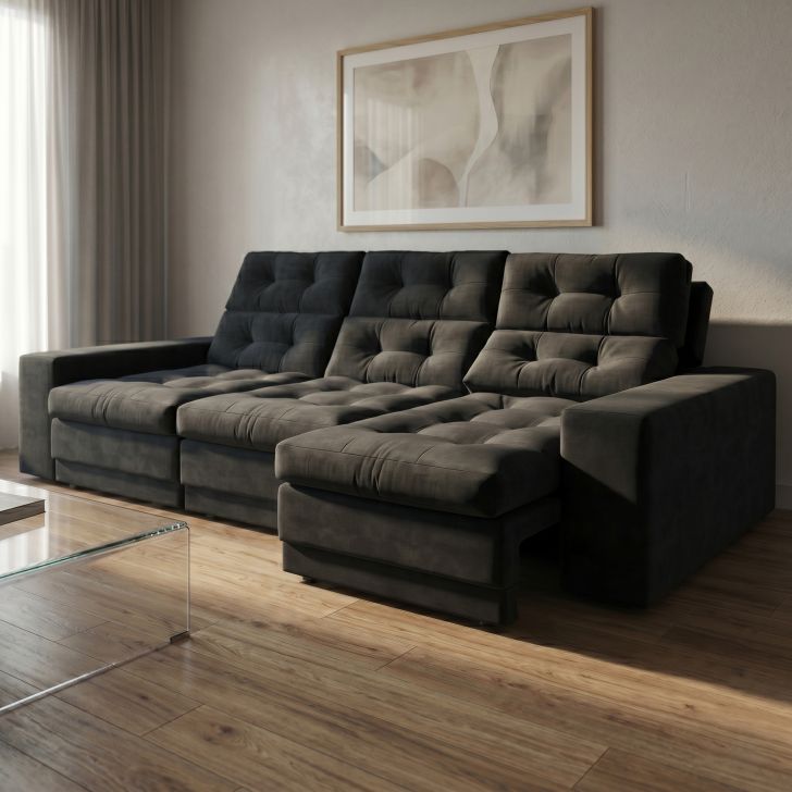 Sofá 3 Lugares Retrátil E Reclinável Baden Suede Preto 230 Cm
