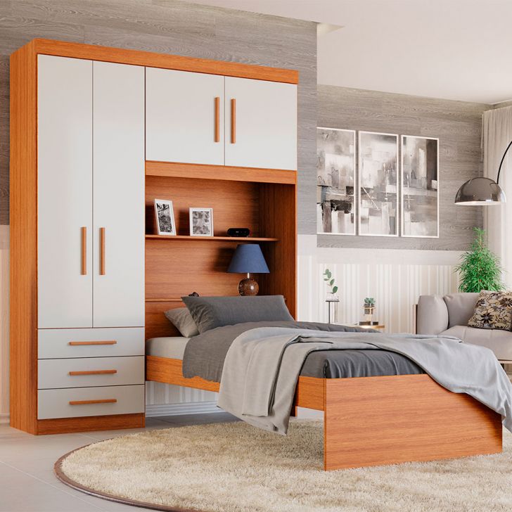 Guarda-roupa Solteiro Com Cama E Baú Advantage 4 Portas 3 Gavetas Freijó Wood E Off White