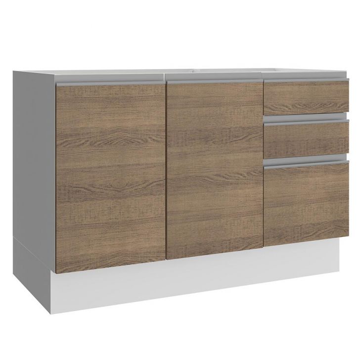 Balcão Gabinete de Pia Armário de Cozinha 100% MDF 120 cm 3 Portas e 2 Gavetas Branco/Rustic Acordes Madesa