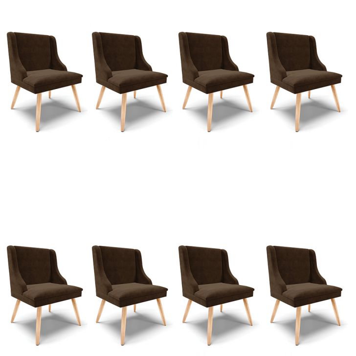 Kit 08 Cadeiras de Jantar Liz Suede Marrom Pés Palito Natural - D'Rossi