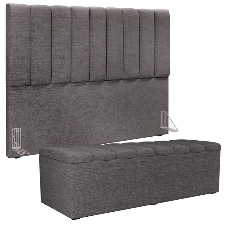 Kit Cabeceira Cama Box Casal Queen 160cm Calçadeira Baú Dália W01 Linho Cinza Escuro - Lyam Decor