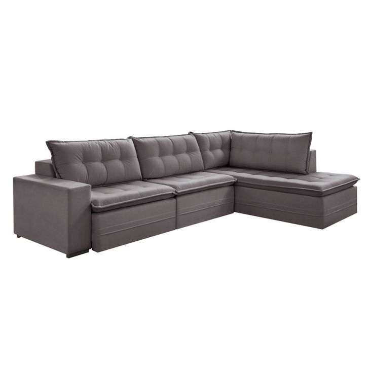 Image of Sofá 5 Lugares Presidente Com Chaise Direito Veludo Cinza 296 Cm PLA-ES745UP30LGNMOB