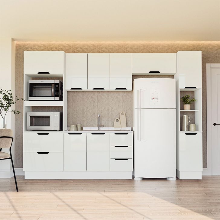 Cozinha Compacta sem Tampo com Rodapé e Paneleiro Meena 10 Portas 4 Gavetas Branca