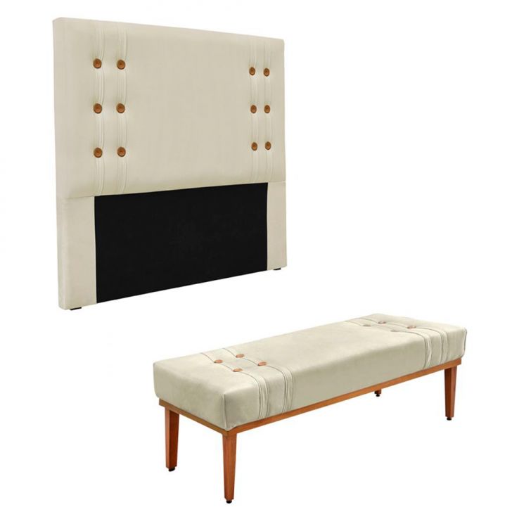 Conjunto de Cabeceira Queen com Recamier Gênova Veludo Bege