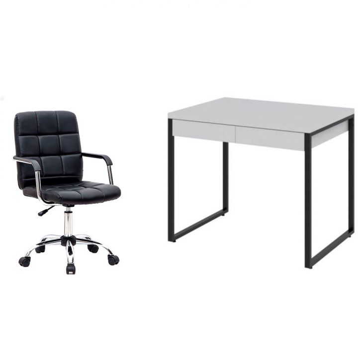 Conjunto de Mesa Kuadra 2 GV Branca e Preta com Cadeira de Escritório Secretária Giratória Fitz Preta