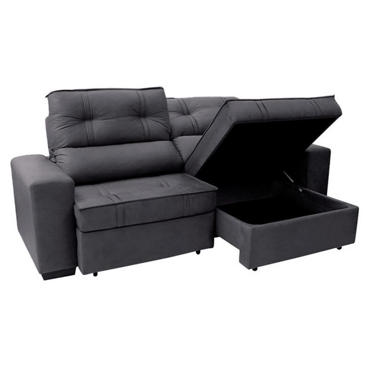 Sofá 3 Lugares Retrátil E Reclinável Com Baú Lottus Suede Grafite