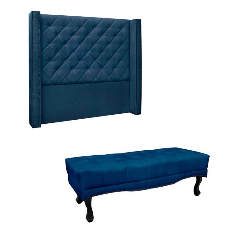 Conjunto de Cabeceira Casal com Recamier Vicenza Suede Azul Marinho