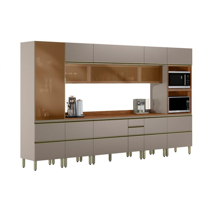 Cozinha Completa com 4 Vidros Reflecta Proença 12 Portas 9 Gavetas Bege e Nogueira