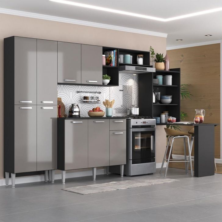 Cozinha Completa c/ Mesa Dobrável Paris Multimóveis MP2042 Preta/Lacca Fumê