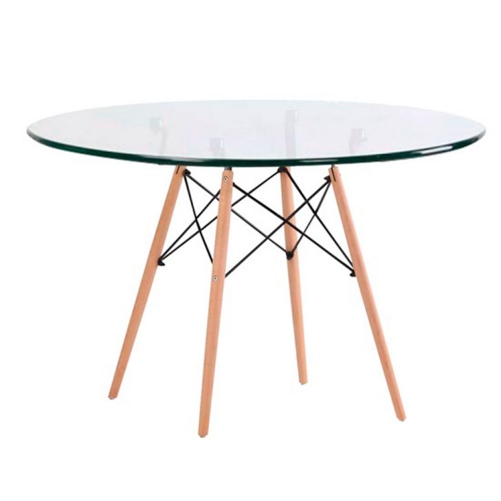Mesa de Cozinha Redonda com Tampo de Vidro Well Incolor e Natural 90 cm