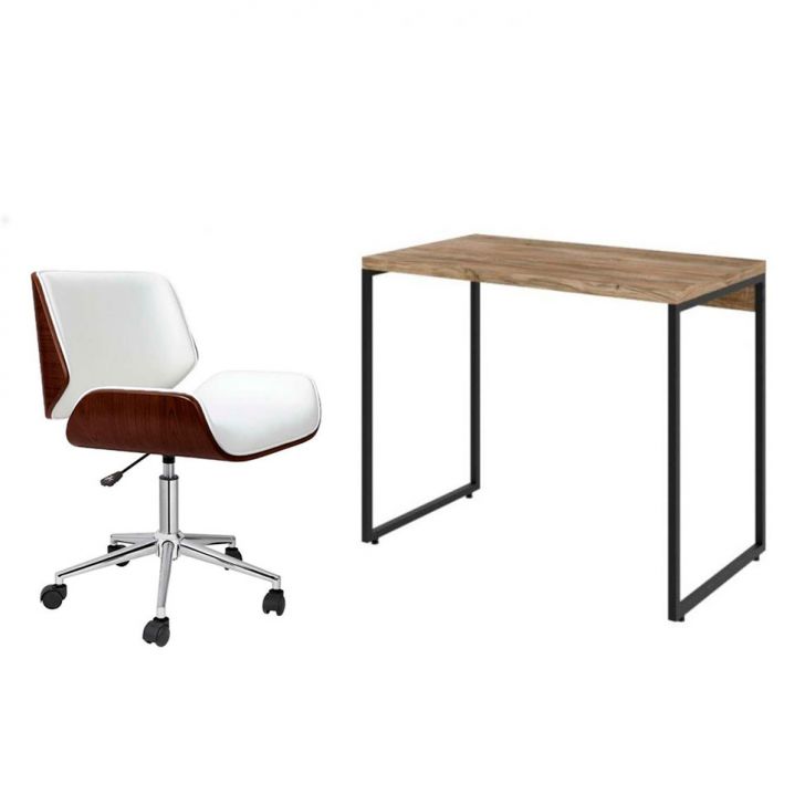 Conjunto de Mesa Studio Carvalho com Cadeira de Escritório Diretor Giratória Lauren Branca