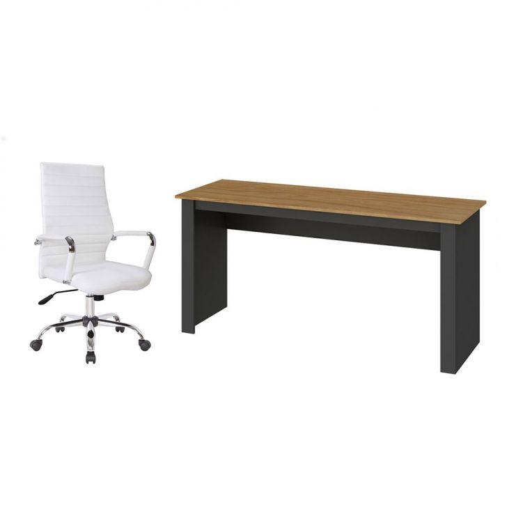 Conjunto de Mesa Liz Nogal e Grafite com Cadeira de Escritório Diretor Giratória Cleaner Branca