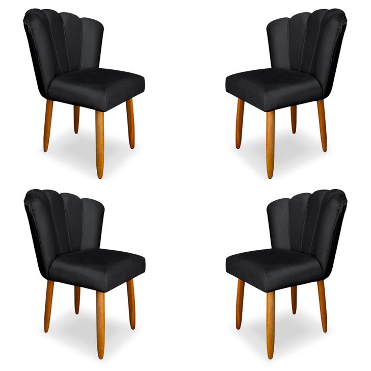 Kit 4 Cadeiras de Jantar Pétala Estofada Pés Palito Veludo Cinza Escuro - Montanaris Decor