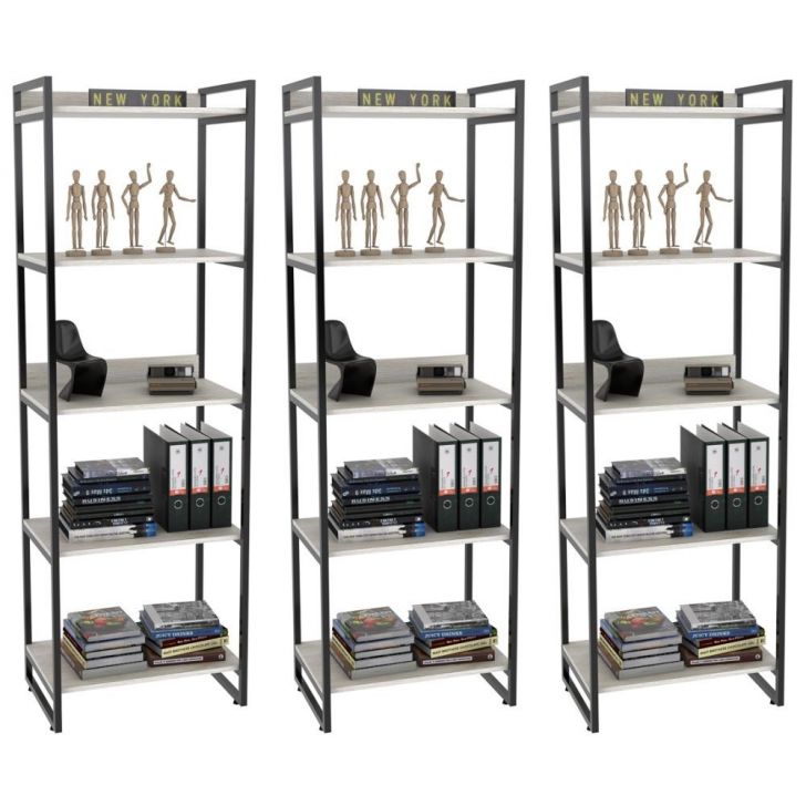 Kit 3 Estantes Livreiro Multiuso Prisma Estilo Industrial 60cm 5 Prateleiras C08 Snow - Mpozenato