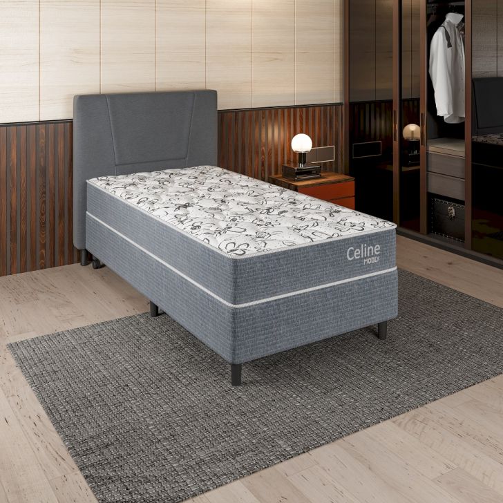 Cama Box Com Cabeceira E Colchão Solteiro Celine Molas Ensacadas (62x88x188) Cinza