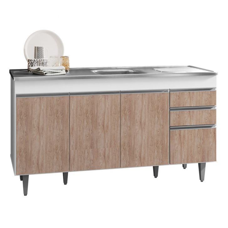 Balcão Gabinete com Pia Inox 150cm 4 Portas 2 Gavetas Marrocos Branco/Castanho - Lumil