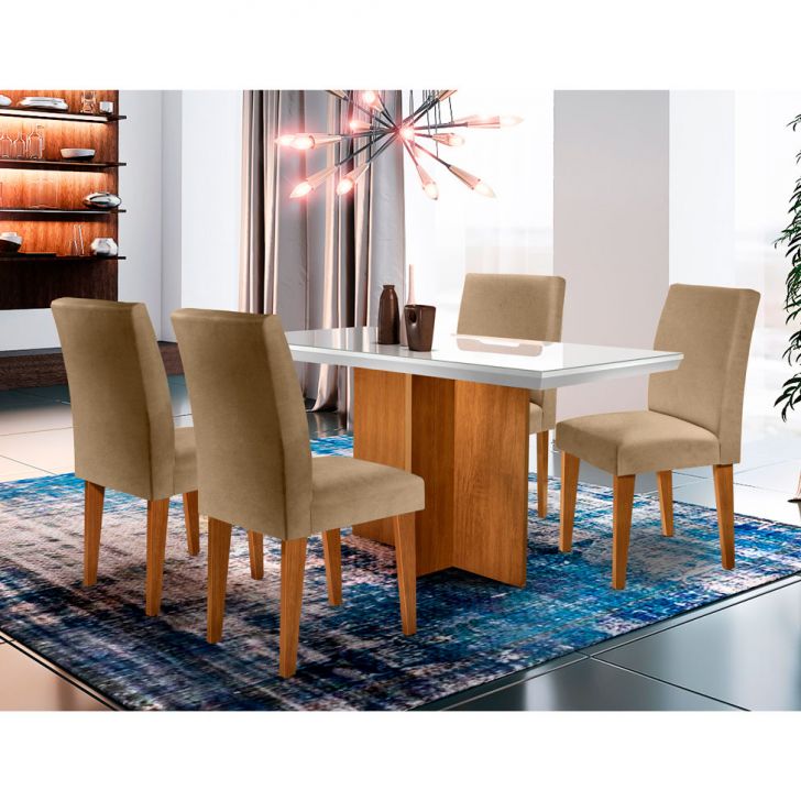 Conjunto De Mesa De Jantar Berlim I Com Tampo De Vidro Off White E 4 Cadeiras Grécia Linho Turim
