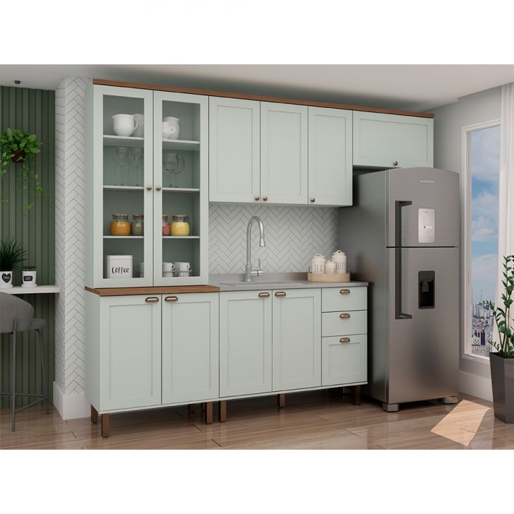 Image of Cozinha Compacta Iluminata Com Vidro 10 Portas 3 Gavetas Verde Mint E Ébano PLA-MO895CL30SIZMOB