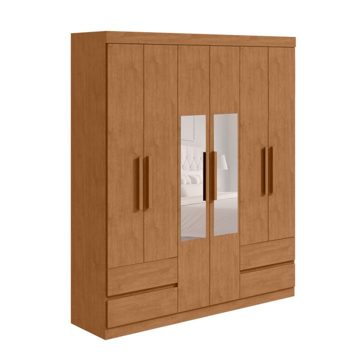 Guarda-roupa Casal Com Espelho Zeus Sem Pés 6 Portas 4 Gavetas Amêndoa