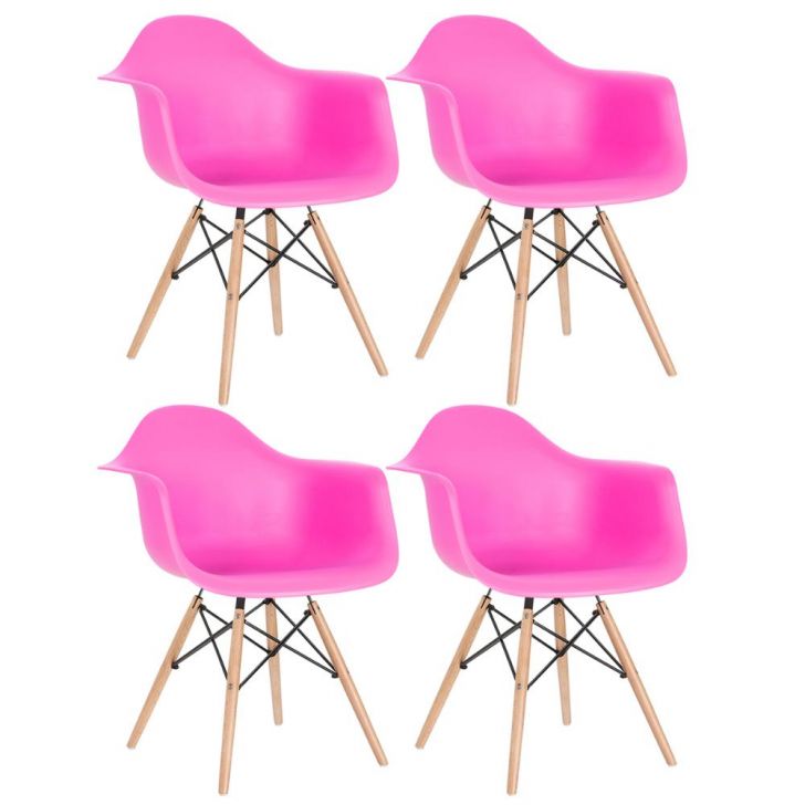 Kit 4 cadeiras Charles Eames Eiffel DAW com braços e pés de madeira clara Rosa-pink