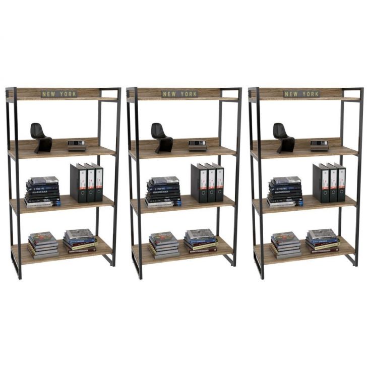 Kit 3 Estantes Livreiro Multiuso Prisma Estilo Industrial 80cm 4 Prateleiras C08 Carvalho - Mpozenato
