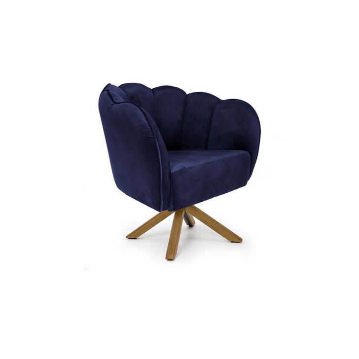 Poltrona Ariel Giratória Suede Marinho E Madeira