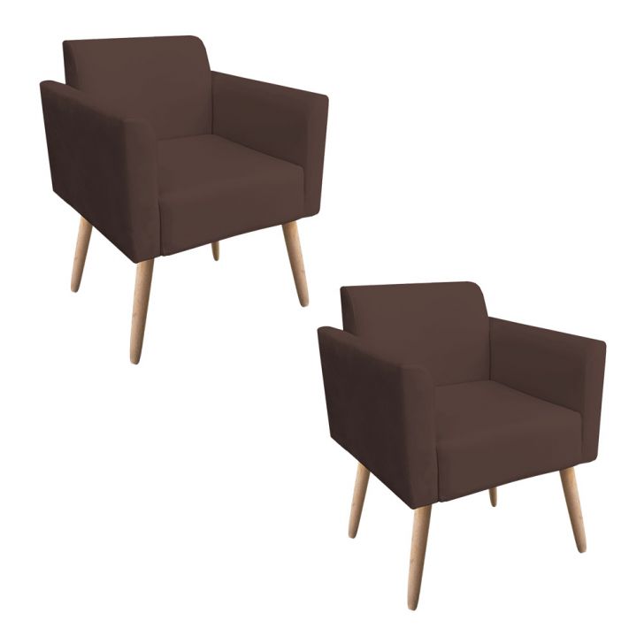 Kit 02 Poltronas Marisa Suede Marrom Pés Palito Natural D'Rossi