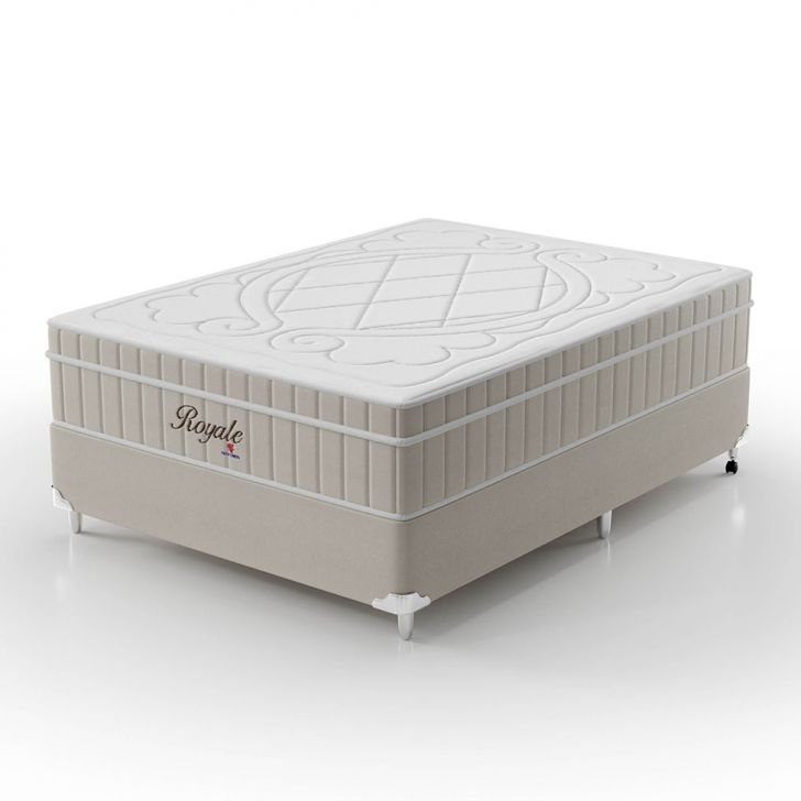Cama Box Casal Royale Com Colchão Casal Molas Ensacadas Bege E Branca