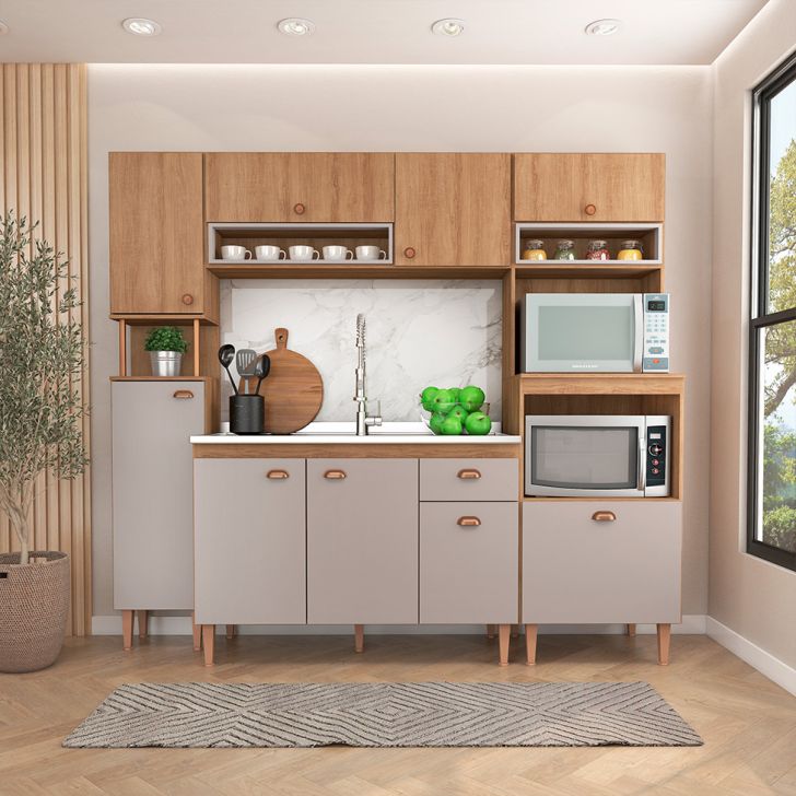 Cozinha Completa com Balcão para Pia Marti 9 Portas 1 Gaveta Mel e Fendi