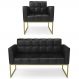 Sofá Namoradeira e 1 Poltrona Base Industrial Dourado Ana Sintético PU Preto - Ibiza