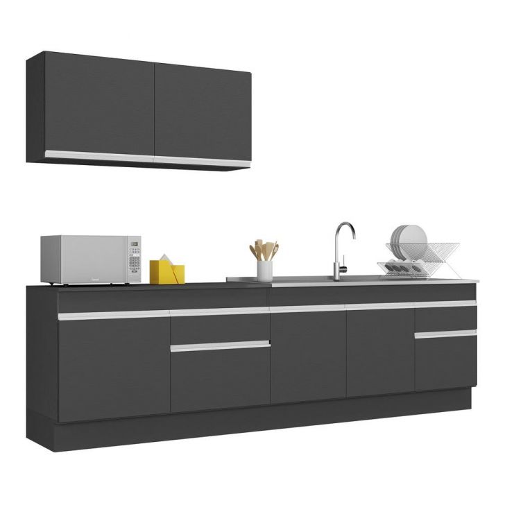 Armário de Cozinha Compacta 270cm com Rodapé Veneza Multimóveis V2111 Preto/Branco