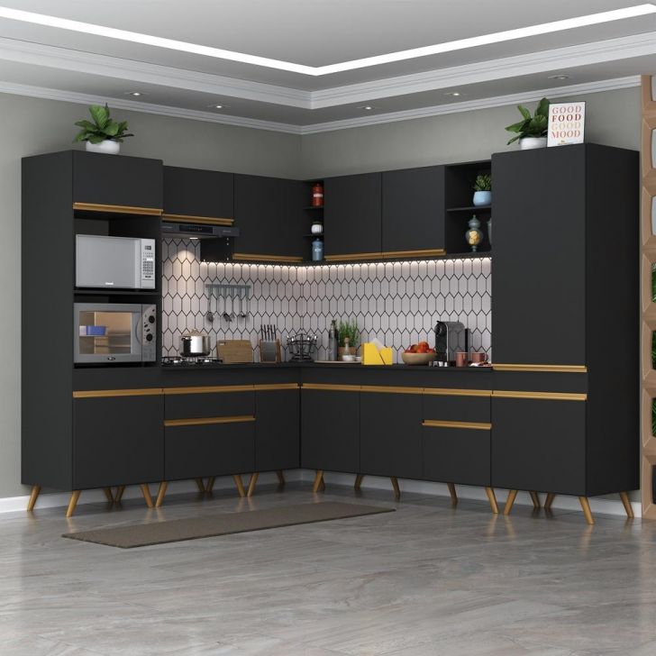 Cozinha Completa de Canto Veneza GB Multimóveis MP2046 com Armário e Balcão Preta