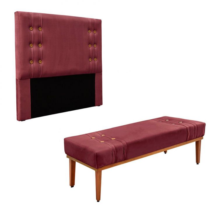 Conjunto de Cabeceira Queen com Recamier Gênova Veludo Vinho