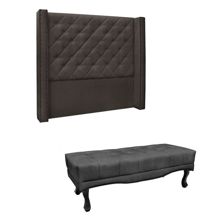 Conjunto de Cabeceira Queen com Recamier Vicenza Suede Cinza
