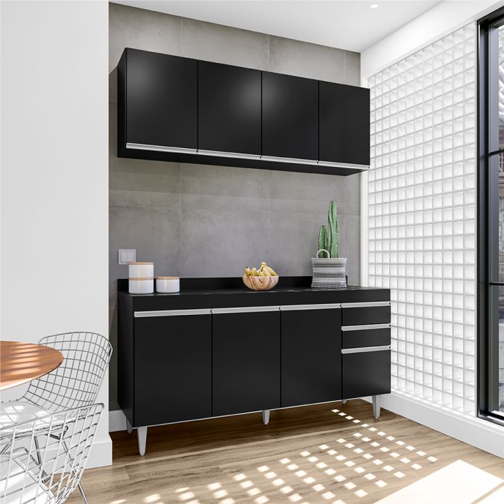 Conjunto Balcão de Cozinha e Aéreo com Tampo Marcos MDP/BP Preto G96 - Gran Belo