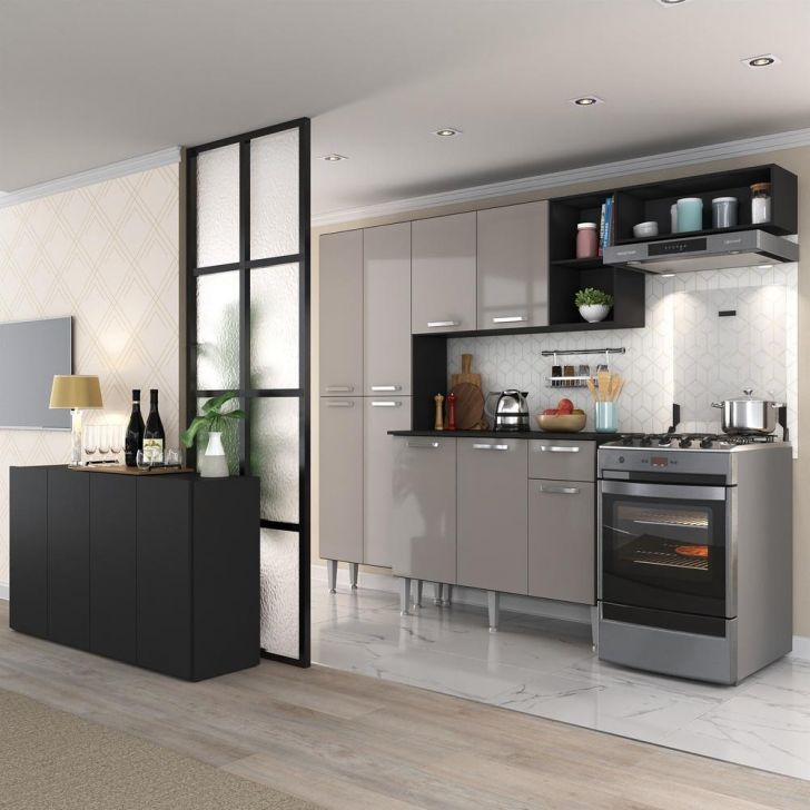 Cozinha Completa c/ Buffet/Aparador Paris Multimóveis MP2043 Preta/Lacca Fumê