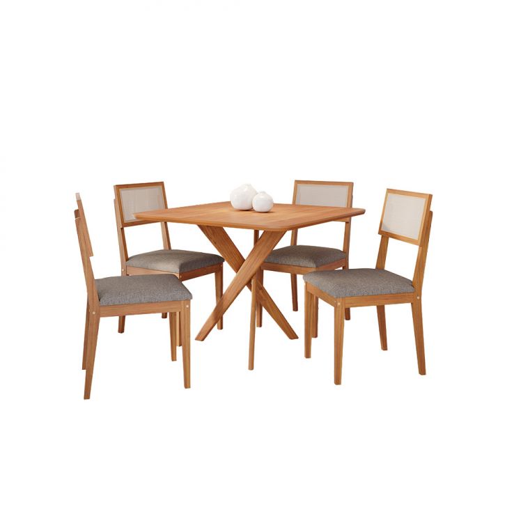 Conjunto De Mesa Quadrada Com Tampo Mdf Cacau E 4 Cadeiras Encanto Linho Bege E Cinamomo