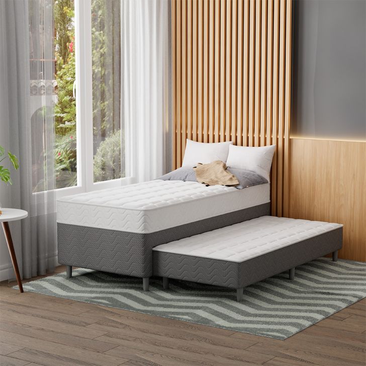 Cama Box Conjugada Solteiro Com Cama Auxiliar Premier Unibox Molas Ensacadas (63x88x188) Cinza 
