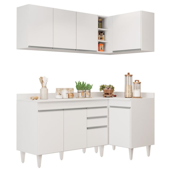Armário de Cozinha Modulado de Canto Esquerdo 4 Peças CP47 Balcão com Tampo Branco - Lumil