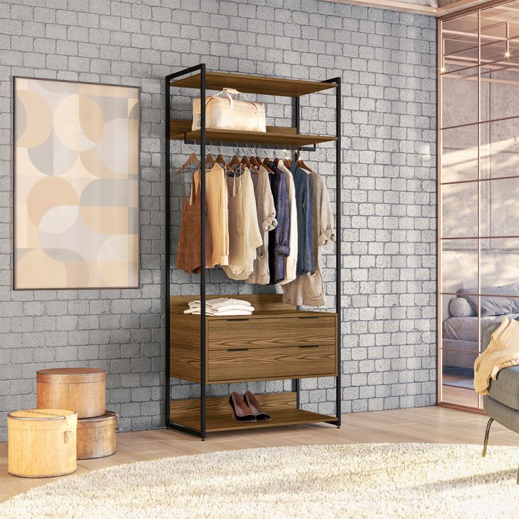Guarda-roupa Closet Industrial Mital Com Cabideiro 2 Gavetas Conhaque E Preto