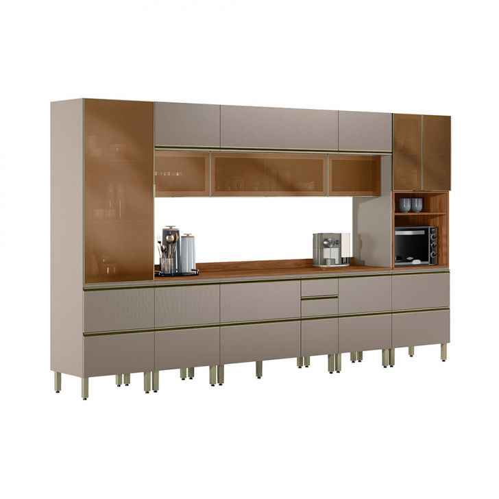 Cozinha Completa com 6 Vidros Reflecta Proença 12 Portas 10 Gavetas Bege e Nogueira