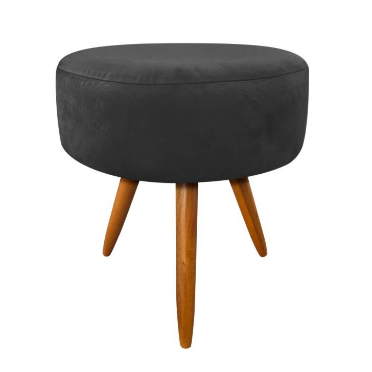 Puff Banqueta Berlim Redondo Suede Preto Pés Castanho D'Rossi