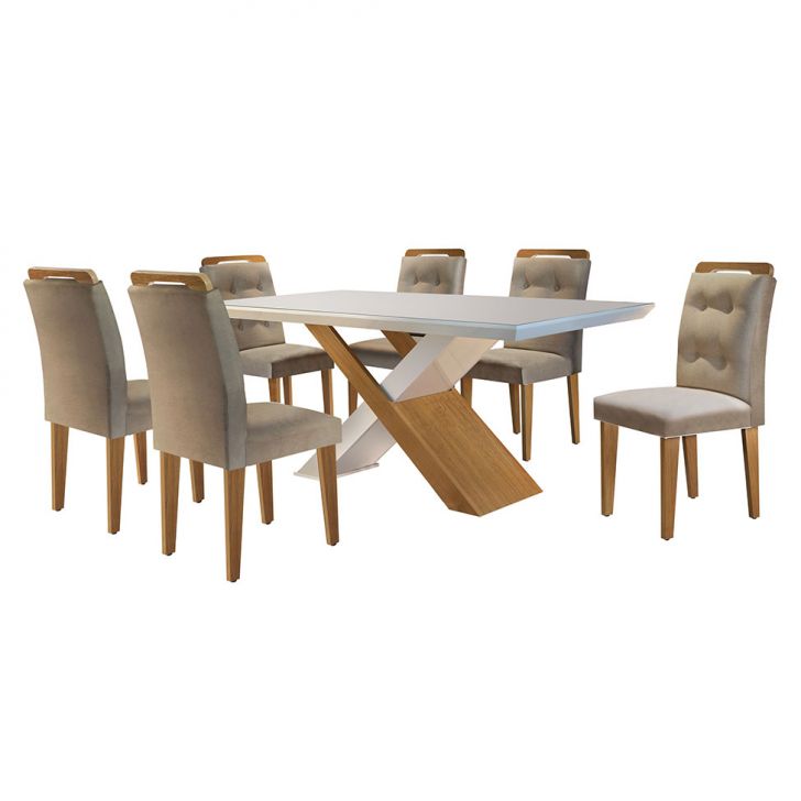 Conjunto De Mesa De Jantar Com Tampo De Vidro E 6 Cadeiras Alvorada Linho Bege E Imbuia