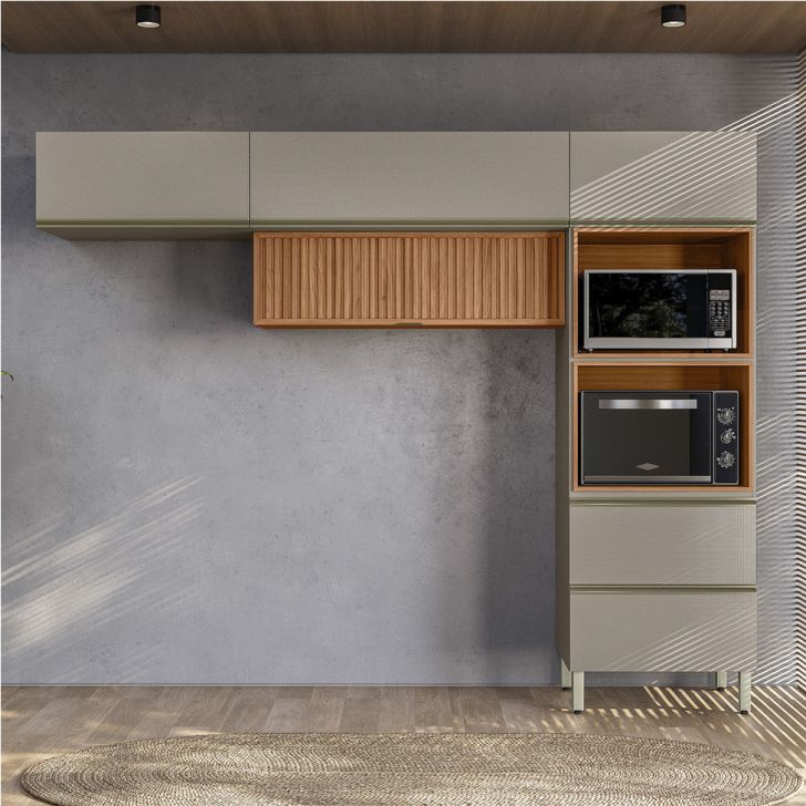 Armário de Cozinha Compacta Ripada Proença 5 Portas 1 Gaveta Nude e Nogueira