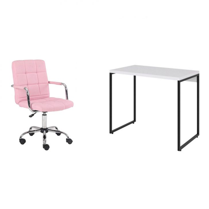 Conjunto de Mesa Studio Branca e Preta com Cadeira de Escritório Secretária Giratória Fitz Rosa