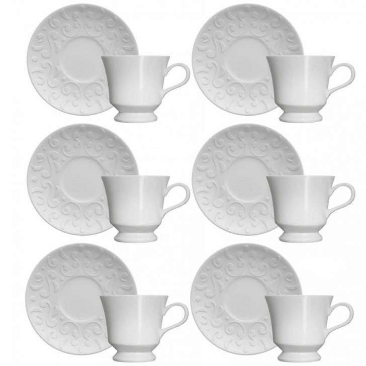 Conjunto 6 Xícaras de Café com Pires 80ml Porcelana em Relevo Tassel Germer Branco